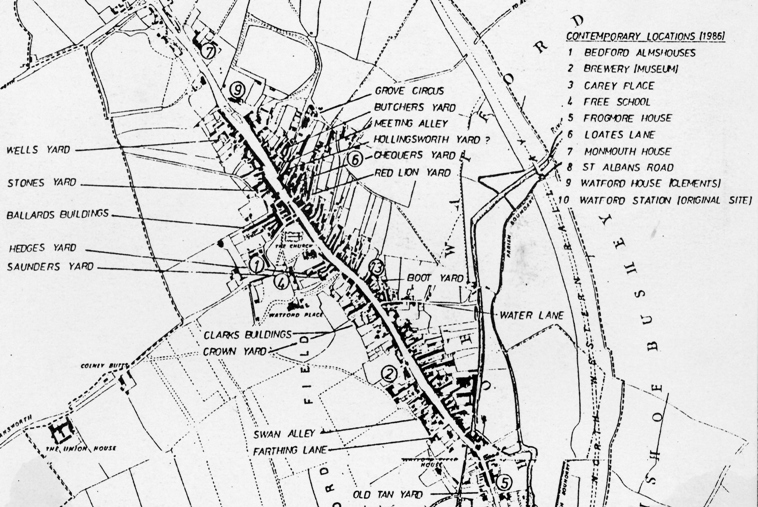 Hertfordshire Genealogy Places Watford Town Centre Map in 1849